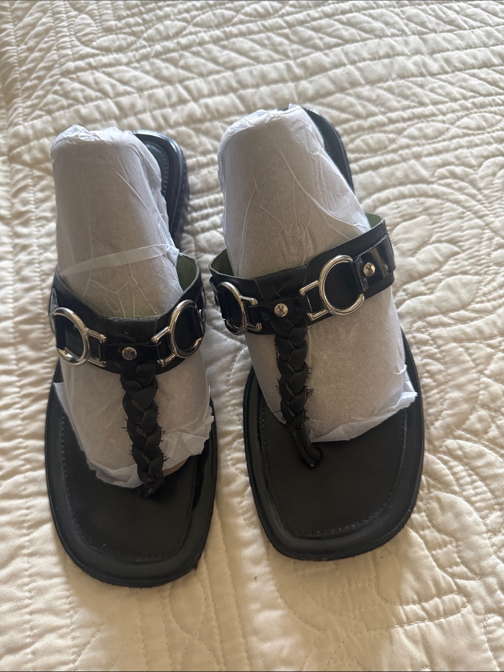 Cole Haan Black Braided Thong Sandals with Silver Ring Accents.  Size 7.5